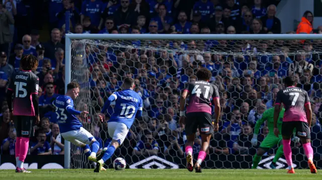 Ipswich's Nathan Broadhead scores a penalty against Exeter