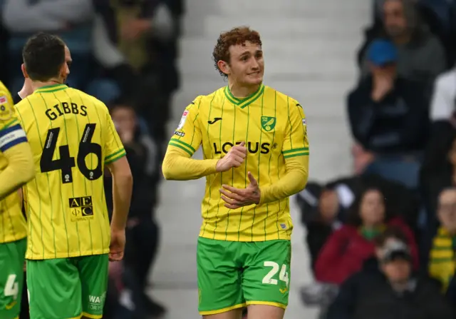 Josh Sargent celebrates scoring for Norwich at West Brom