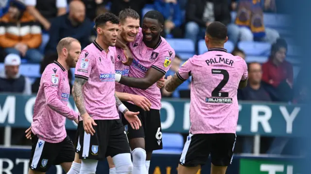 Sheffield Wednesday celebrate Michael Smith's goal at Shrewsbury