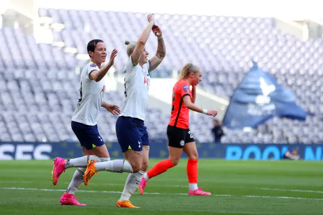 Tottenham's Beth England celebrates scoring v Brighton in the WSL
