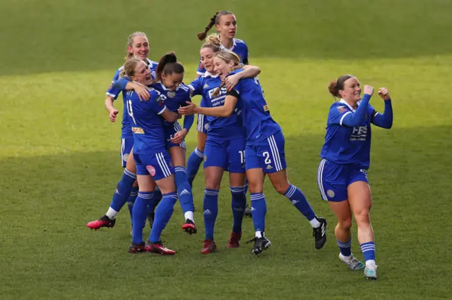Leicester players celebrate Hannah Cain's winner v Liverpool in the WSL