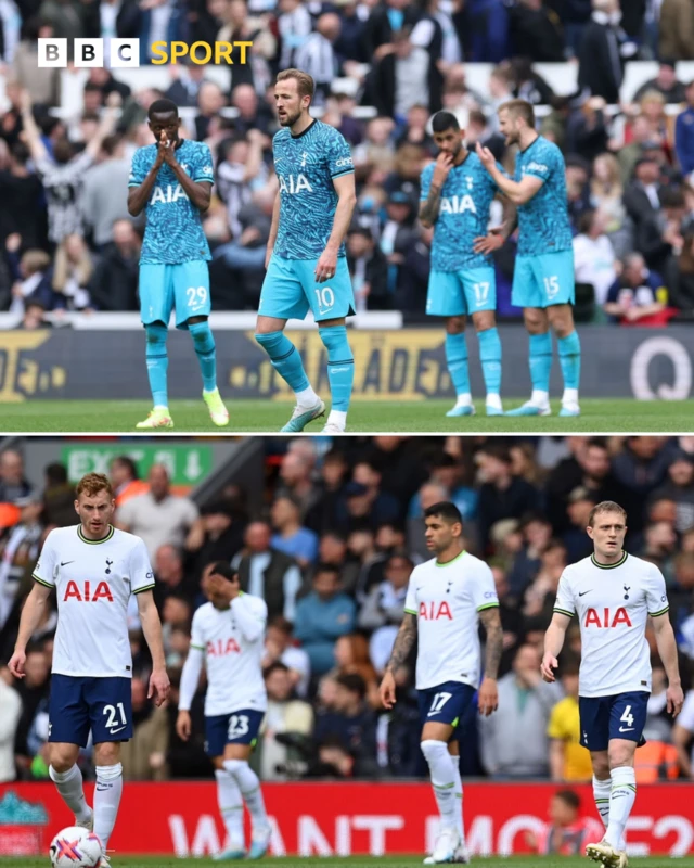 Spurs players stand dejected after conceding, at Newcastle and at Anfield.