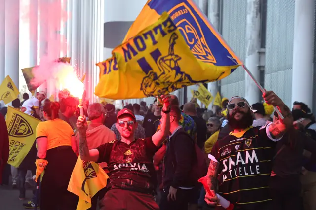 Stade Rochelais fans show their support outside the stadium