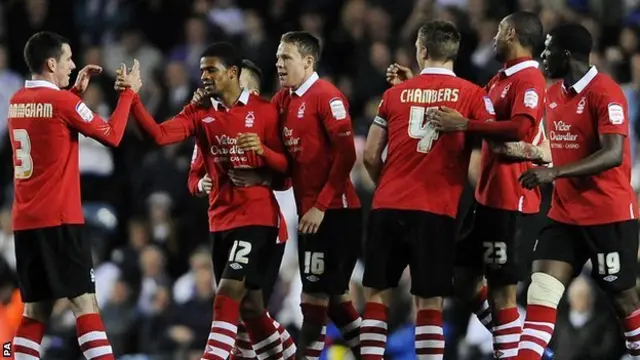 Forest celebrate scoring at Leeds in 2012