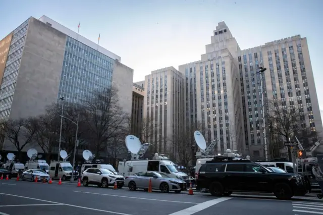 The scene outside the New York court