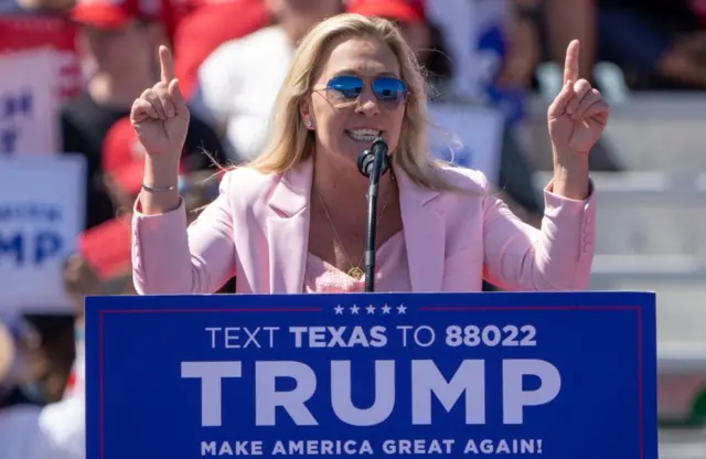 Marjorie Taylor Greene speaks at a Trump rally in March