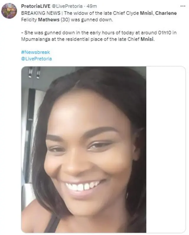 A tweet by Pretoria News showing Charlene Mathews.