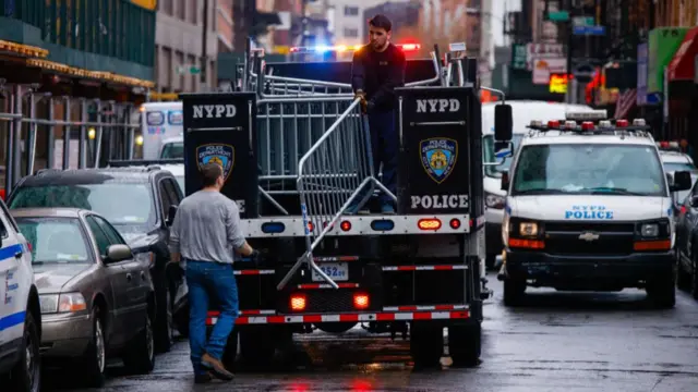 Police with barriers in New York