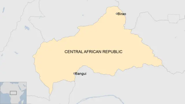 A map of the Central African Republic showing the town of Birao and the capital, Bangui.