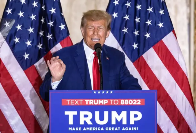 Former US President Donald J. Trump delivers remarks at his Mar-a-Lago resort in Palm Beach, Florida, USA, 04 April 2023.