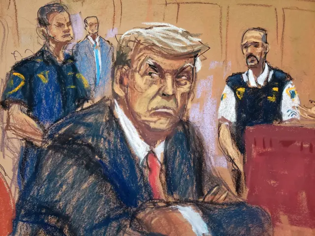 An artist's sketch of Donald Trump during his arraignment in New York City on 4 April 2023.