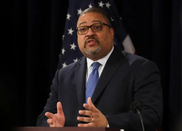 New York County District Attorney Alvin Bragg speaks after former U.S. President Donald Trump appeared at Manhattan Criminal Courthouse,