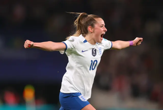 Ella Toone celebrates scoring for England.