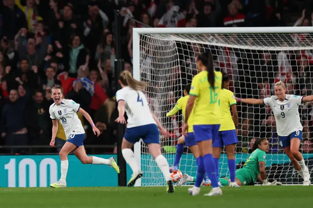 Ella Toone celebrates scoring the opening goal v Brazil.