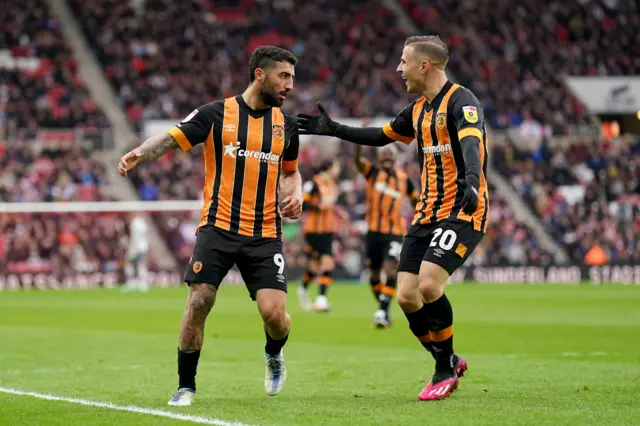 Hull City players celebrate their second goal at Sunderland