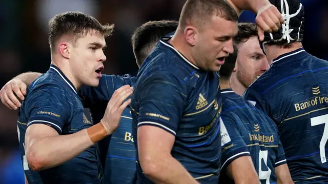 Leinster celebrate a try against Leicester Tigers