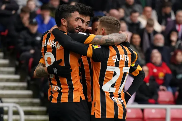 Hull celebrate Ozan Tufan's opening goal at Sunderland