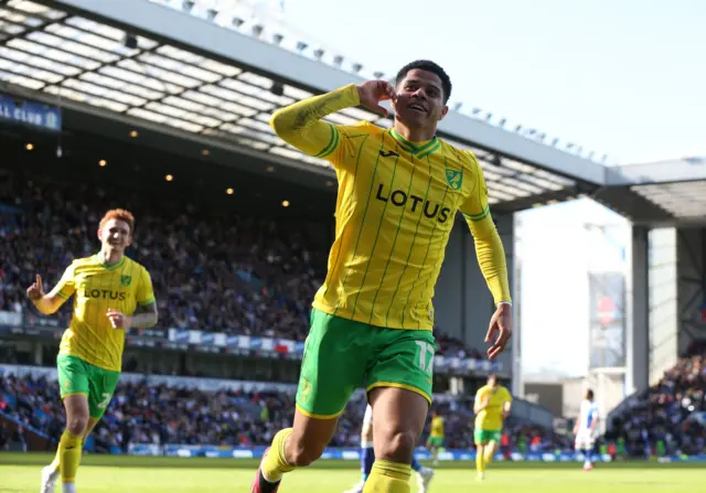 Gabriel Sara celebrates scoring for Norwich at Blackburn