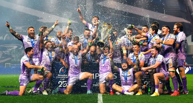 Exeter celebrate Champions Cup victory in 2020