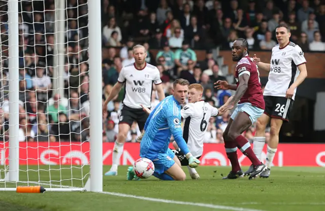 The ball dribbles past Leno into the net