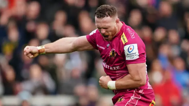 Sam Simmonds celebrates a try for Exeter