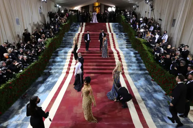 Cardi B, Donatella Versace, Travis Barker and Kourtney Kardashian arriving arriving at The 2022 Met Gala Celebrating "In America: An Anthology of Fashion" at The Metropolitan Museum of Art on May 02, 2022 in New York City