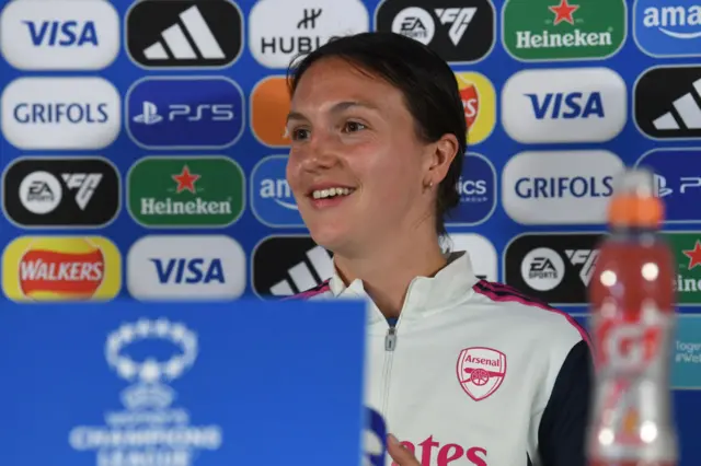 Arsenal defender Lotte Wubben-Moy addresses the media.