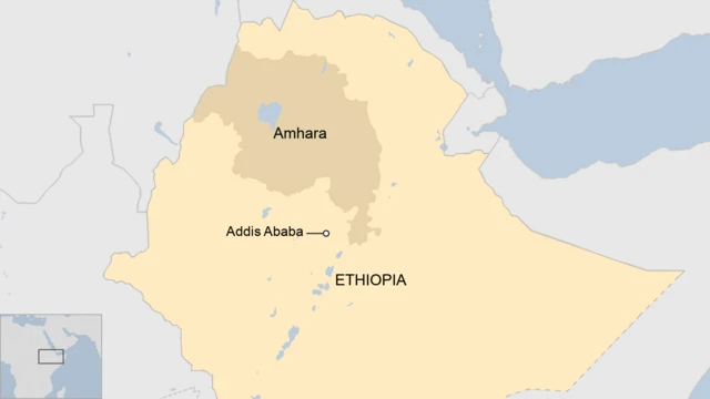 A map of Ethiopia showing the capital, Addis Ababa, and the Amhara region.