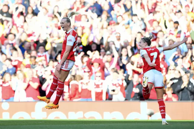 Blackstenius jumps in delight at scoring the first goal.