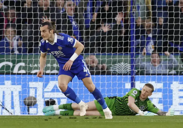 Leicester's Caglar Soyuncu celebrates scoring against Everton