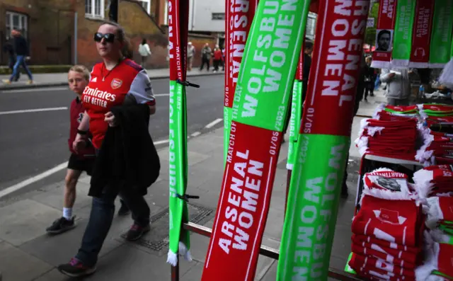 Arsenal fans begin to arrive at the Emirates ahead of the game v Wolfsburg.