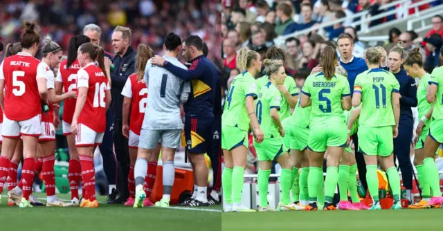 Both managers chat to their sides in an injury break.