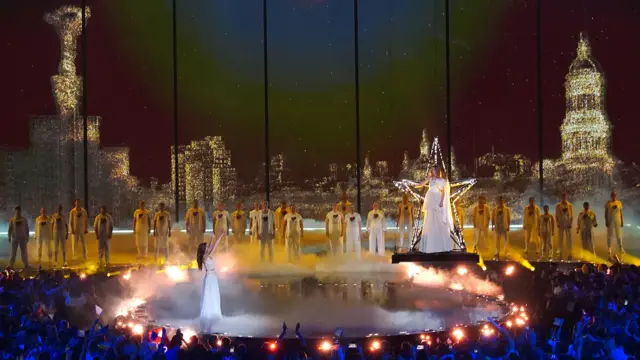 Ukrainian singers Mariya Yaremchuk, Zlata Dziunka and OTOY perform during the interval at the semi-final 2 of Eurovision Song Contest