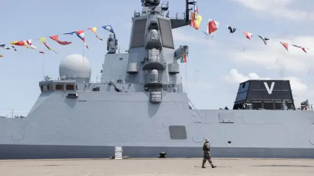 A general view of military personnel on board the Russian military frigate "Admiral Gorshkov" docked at the port in Richards Bay 22 February 2023