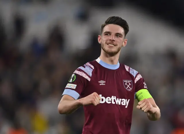 Declan Rice celebrates with the fans after West Ham's win.