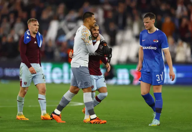 West Ham players celebrate their narrow win.