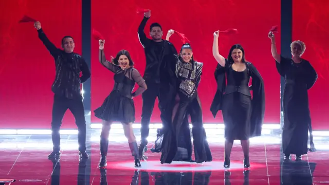 Albina & Familja Kelmendi from Albania perform during the second semi-final of the 2023 Eurovision Song Contest