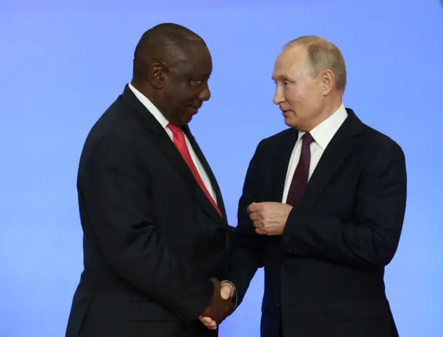 ) Russian President Vladimir Putin (R) greets South African President Cyril Ramaphosa (L) during the welcoming ceremony at the Russia-Africa Summit in Black Sea resort of Sochi, Russia, October 23, 2019