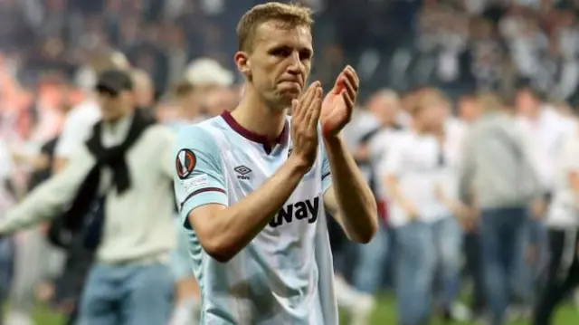 West Ham's Thomas Soucek applauds fans after defeat last season