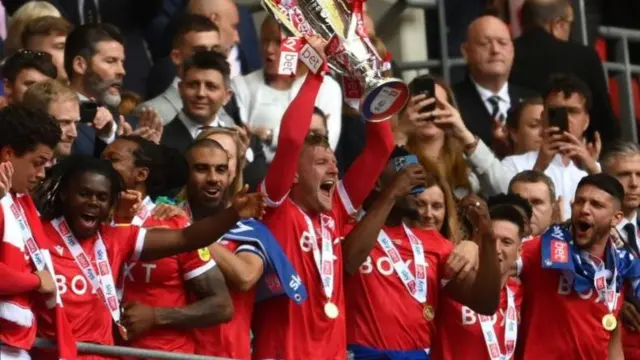 Nottingham Forest celebrate winning last season's Championship play-offs