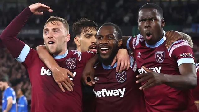 West Ham goalscorer Michail Antonio celebrates with his team-mates