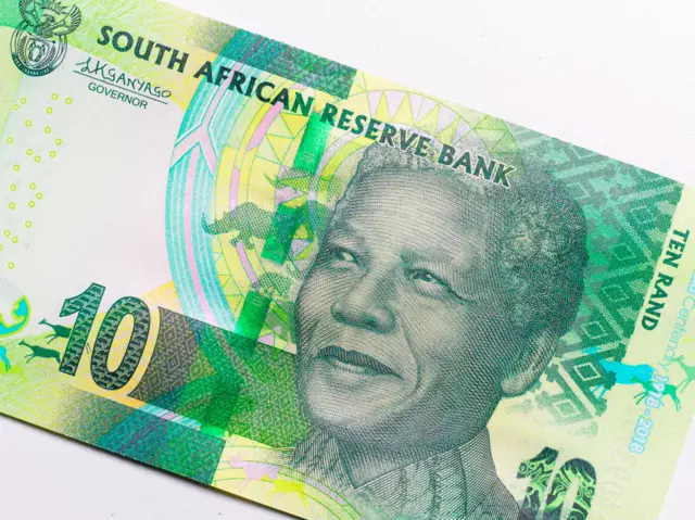 A close up of a 10 Rand note from South Africa featuring Nelson Mandela photographed on October 5,2020