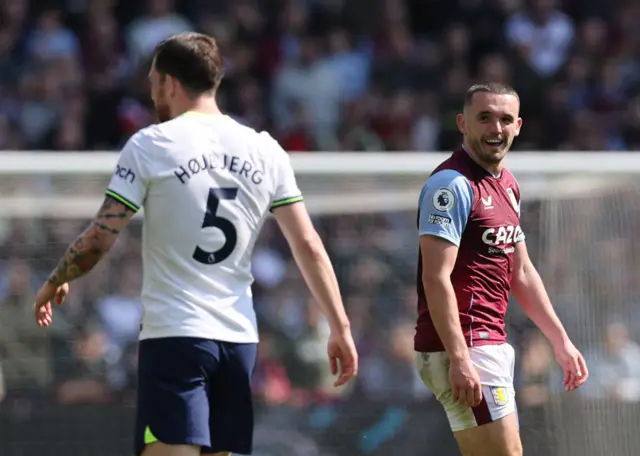 Aston Villa's John McGinn and Tottenham midfielder Pierre-Emile Hojbjerg