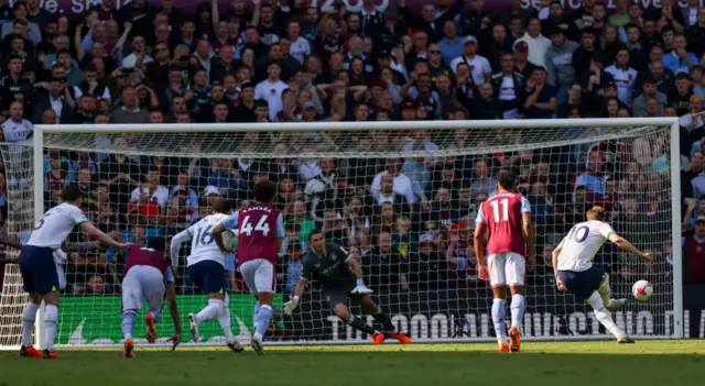 Harry Kane of Tottenham Hotspur scores a penalty