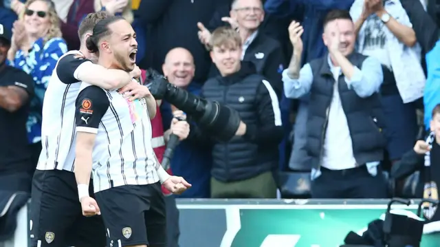 Notts County striker Jodi Jones celebrates his goal in extra time that lifted the Magpies over Boreham Wood in their semi-final clash to book their trip to Wembley