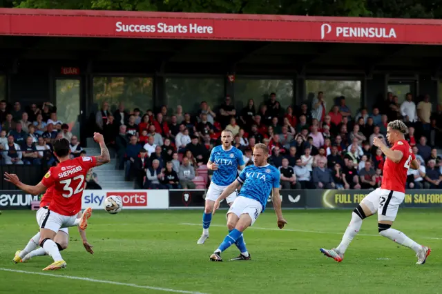 Ryan Croasdale hits the bar for Stockport