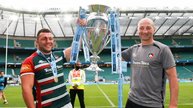 Leicester Tigers captain Ellis Genge and coach Steve Borthwick with the 2022 Premiership trophy