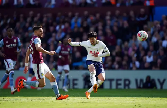 Tottenham Hotspur's Son Heung-min shoots during the Premier League match at Villa Park