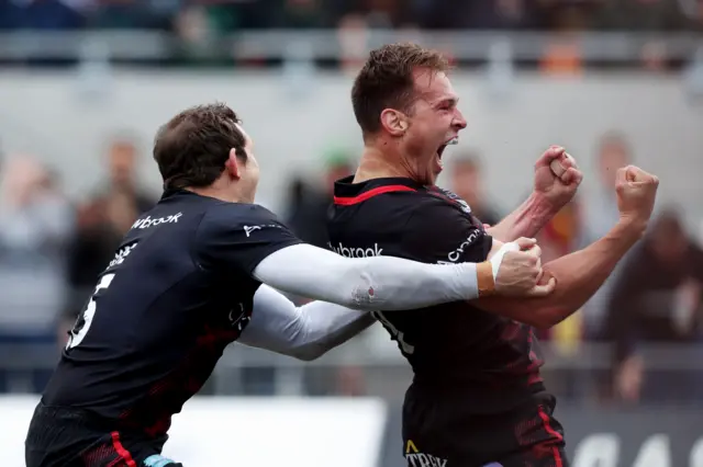 Ivan van Zyl celebrates his try against Northampton