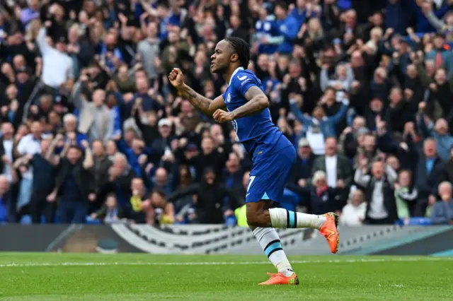 Raheem Sterling of Chelsea celebrates after scoring